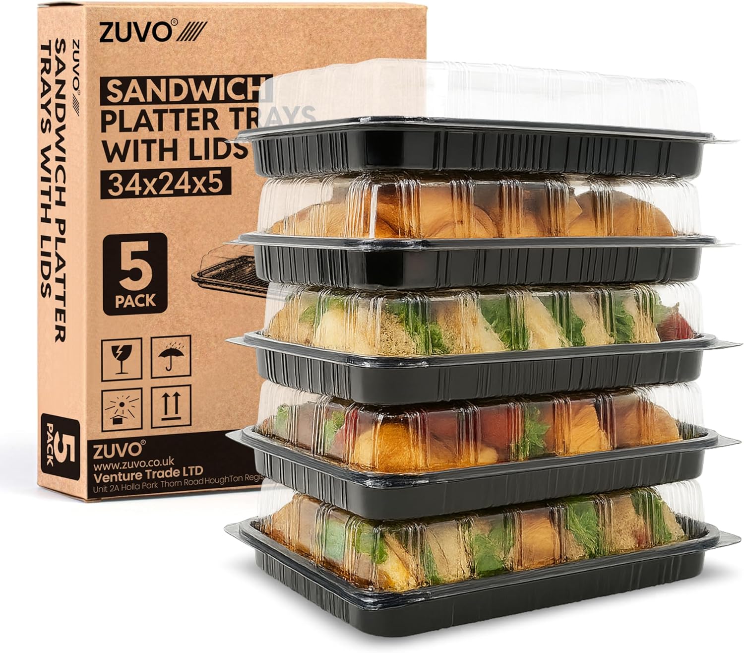 Zuvo Reusable Party Food And Sandwich Platter Trays with Lids (Pack of 5), Sandwich and Buffet Serving Platters for Catering, Events, and Parties – Freezer Safe Plastic Trays with Lids (34x24x5cm)