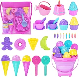 Ice Cream Beach Toys Sand Toys Set for Kids, Collapsible Sand Bucket and Shovels Set with Mesh Bag, Sand Molds, Watering Can, Sandbox Toys for Kids and Toddlers, Travel Sand Toys for Beach