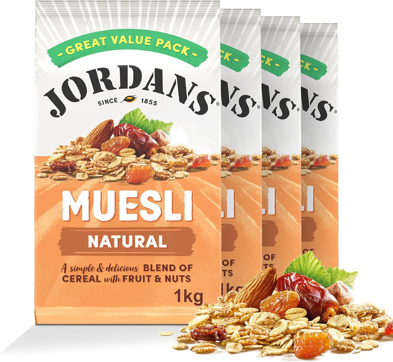 Jordans Natural Muesli Oat Breakfast Cereal - British Baked High Fibre Cereal - No Artificial Flavours or Preservatives - 1kg (Pack of 4 x 1kg)