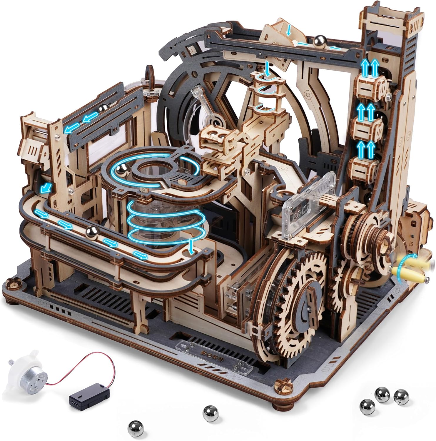 ROBOTIME Motorized Wooden Puzzles for Adults - 3D Puzzles for Adults LGC01 Marble Spaceport - Wooden Marble Run Model to Build - Space/STEM/Engineering Gift