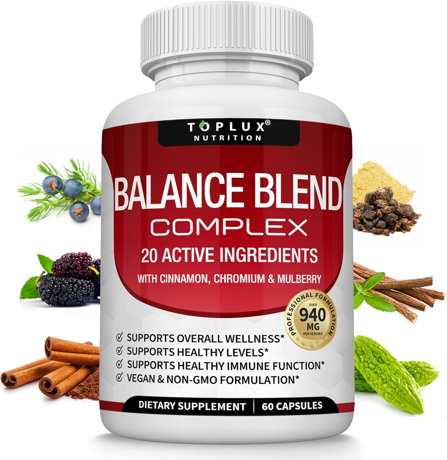 Premium Natural Balance Blend Complex Supplement - Natural 20 Herbs and Vitamins with Cinnamon Non-GMO Vegan, for Men Women, 60 Capsules