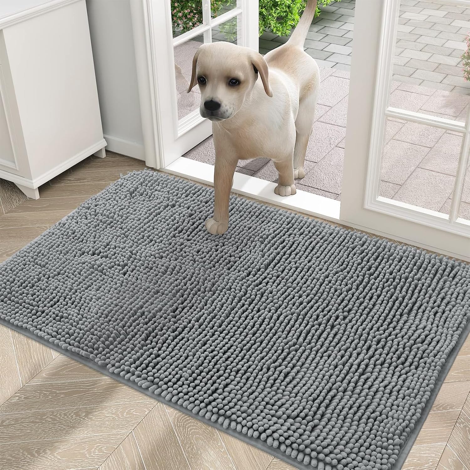 smiry Muddy Mat, Super Absorbent Chenille Dog Door Mat, Washable Non Slip Door Matts Indoor, Soft Microfiber Pet Rug and Bath Mat for Entrance Kitchen Muddy Shoes & Paws - Grey, 43 x 76 cm