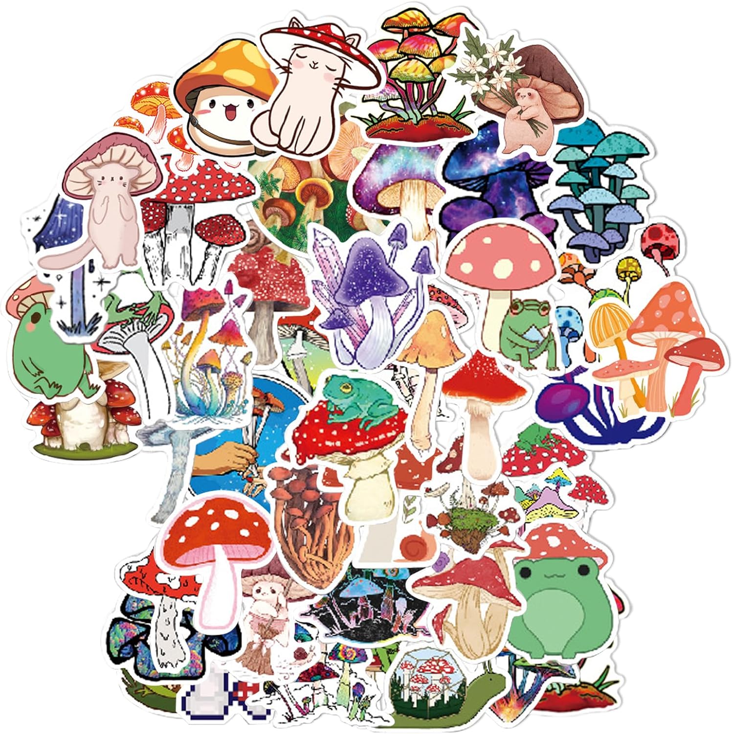 YzmrBdqc Mushroom Theme 50 Pcs Mushroom Stickers, Cute Cartoon Multicolor Vinyl Waterproof Stickers for Plastic, Metal, Wood, Outdoor Use