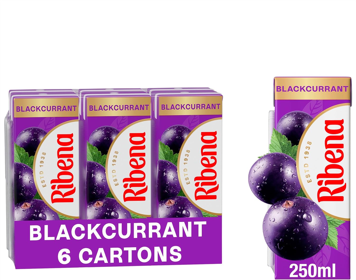 Ribena Blackcurrant Juice Drink Cartons - Multipack 6x250ml; Real Fruit; Rich In Vitamin C; No Artificial Colours or flavours ; Perfect For On The Go