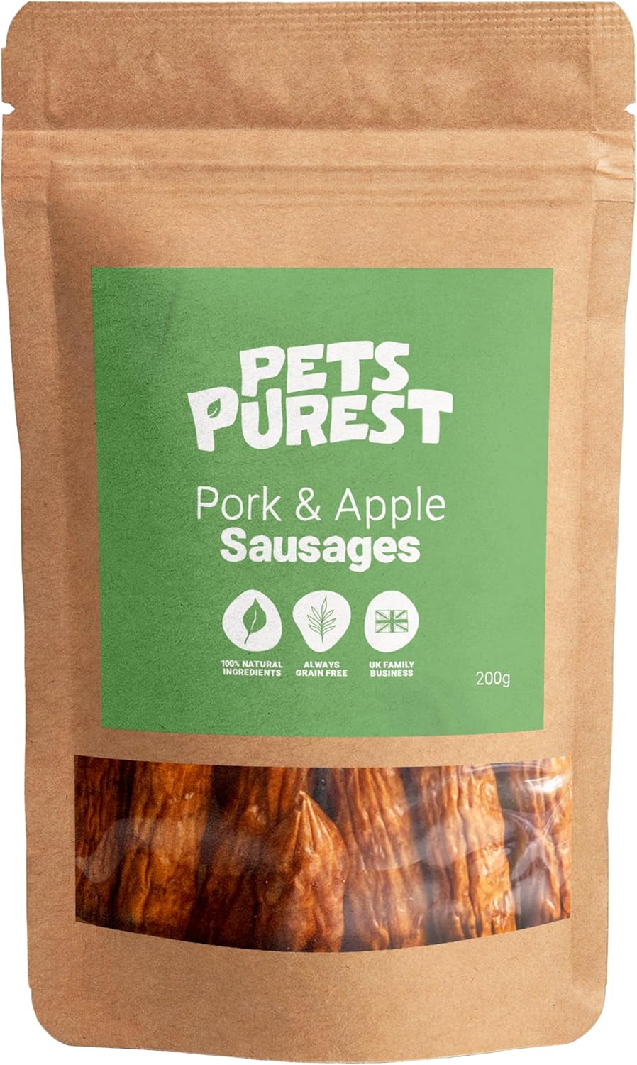 Pets Purest Natural Dog Treat Chews - 100% Healthy Air-Dried Pork & Apple Sausage Meat Treats for Dogs, Puppy & Senior. Grain & Gluten Free Low Fat Raw Protein Dog Food Snack (200g)