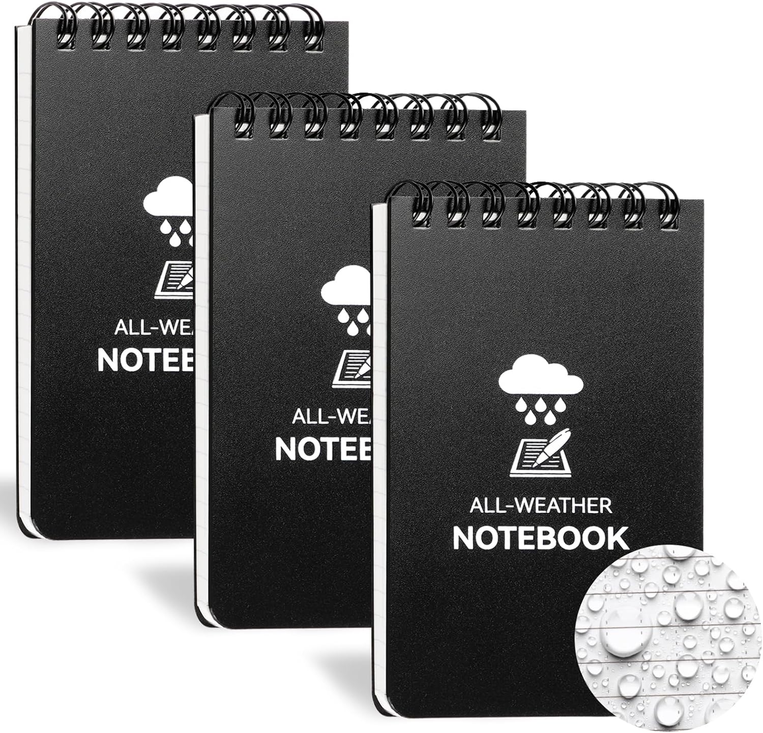 3 Pack Waterproof Notebook, 3 x 5 Pocket Notepad, All Weather Small Pocket Notebook Paper, Mini Spiral Notepad Police Notepad 100 Lined Pages for Outdoor Office