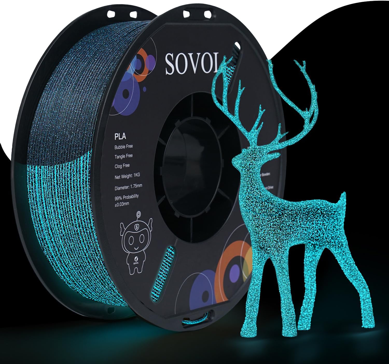 Sovol 3D Printer Luminous Filament, Glow in The Dark PLA 1kg (2.2 lbs) Spool 3D Printing Materials, Dimensional Accuracy +/- 0.03 mm, 1.75 mm, Shiny Blue