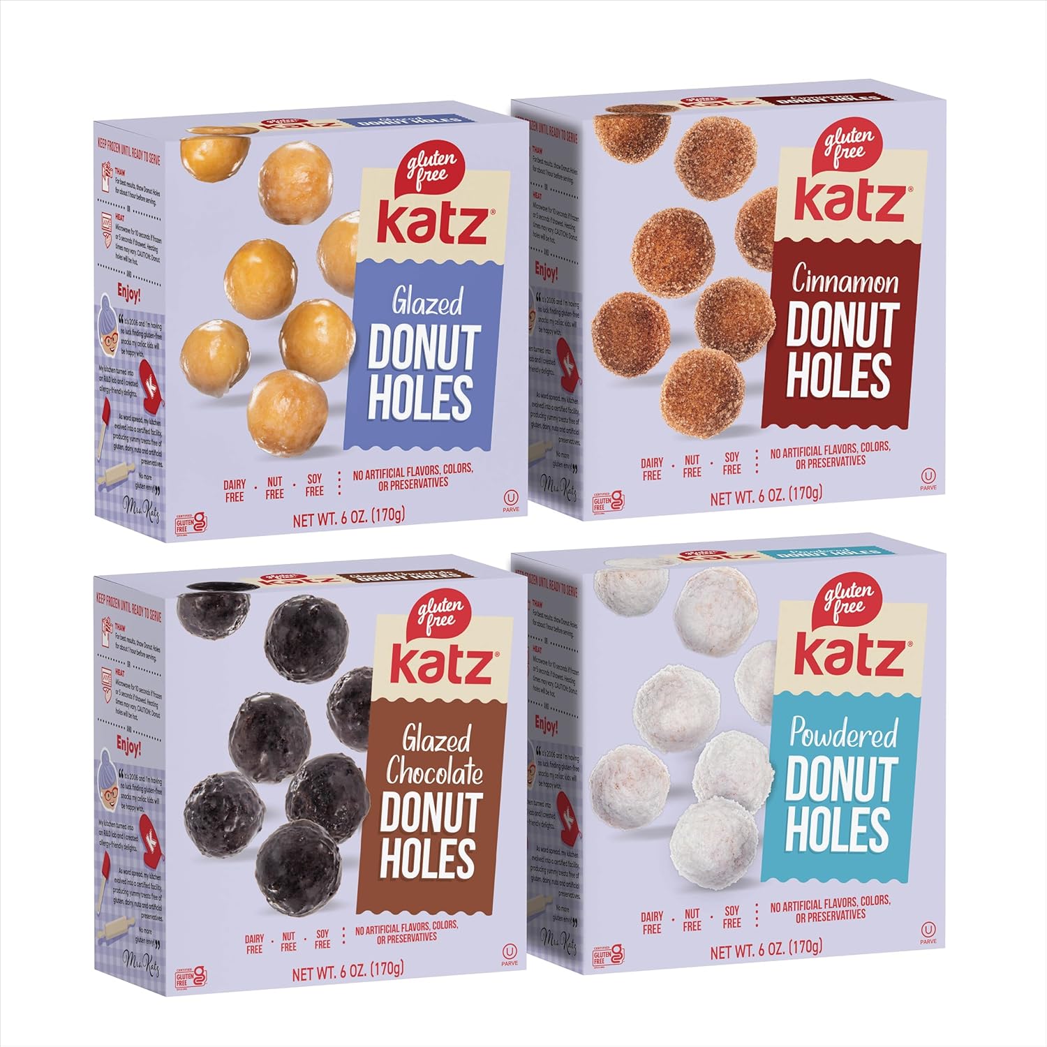 Katz Gluten Free Snacks Donut Holes Variety Pack: Powdered, Glazed, Glazed Chocolate, and Cinnamon. Free of Dairy, Soy, Tree Nuts, and Peanuts, Kosher (4pk)