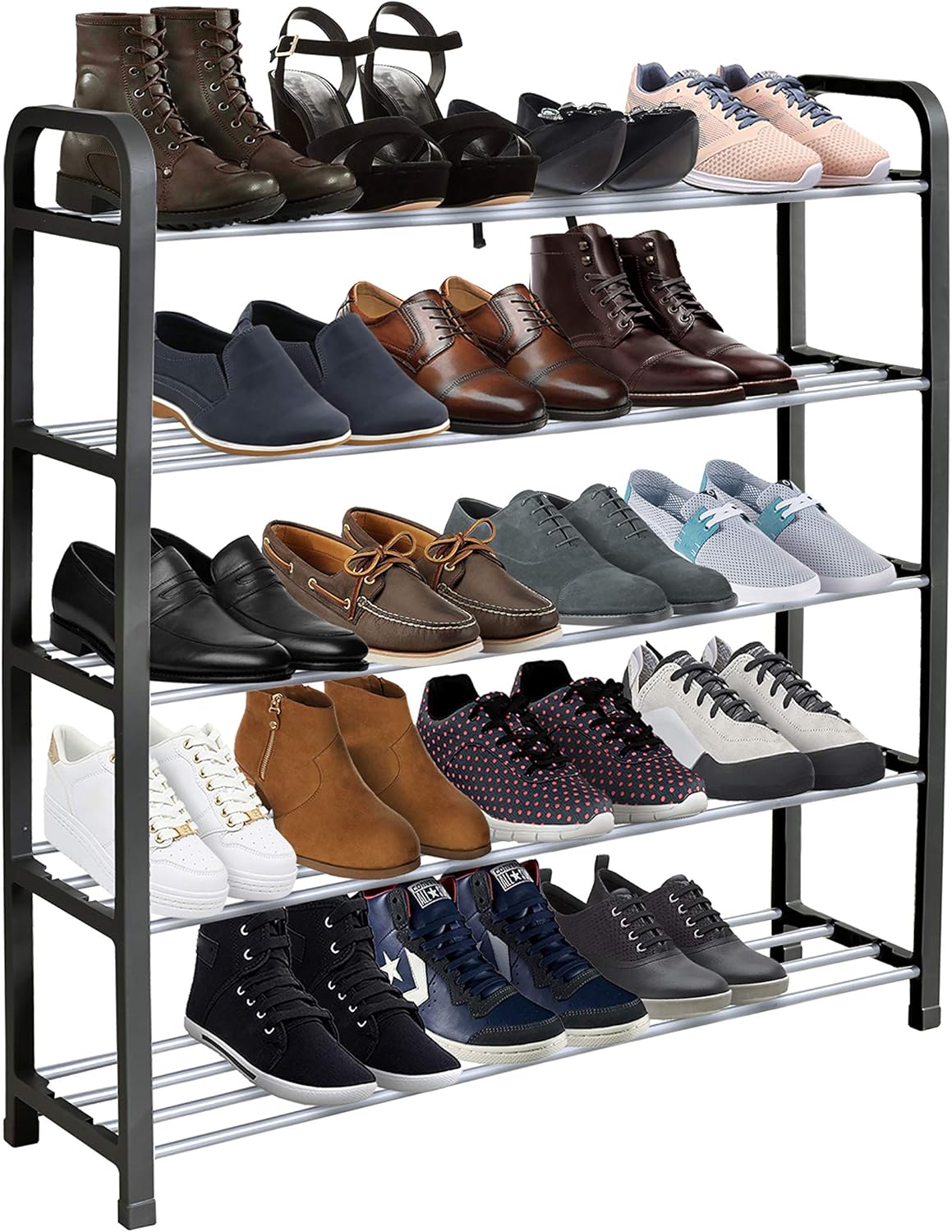 KEPLIN 5 Tier Shoe Slots Rack - Space Saving Shoe Storage Organiser with Quick, Tool-Free Assembly - Shoe Slots Holds 15-20 Pairs - Dimensions (L) 75.5cm x (W) 18.5cm x (H) 75.5cm - Black
