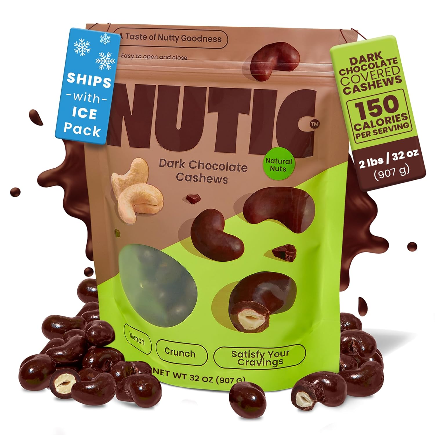 Nutic Dark Chocolate Covered Cashews - 2 Lb, Irresistibly Rich Dark Chocolate Coating, Perfect Holiday Treats & Snacks, Made in the USA - (Pack of 1)