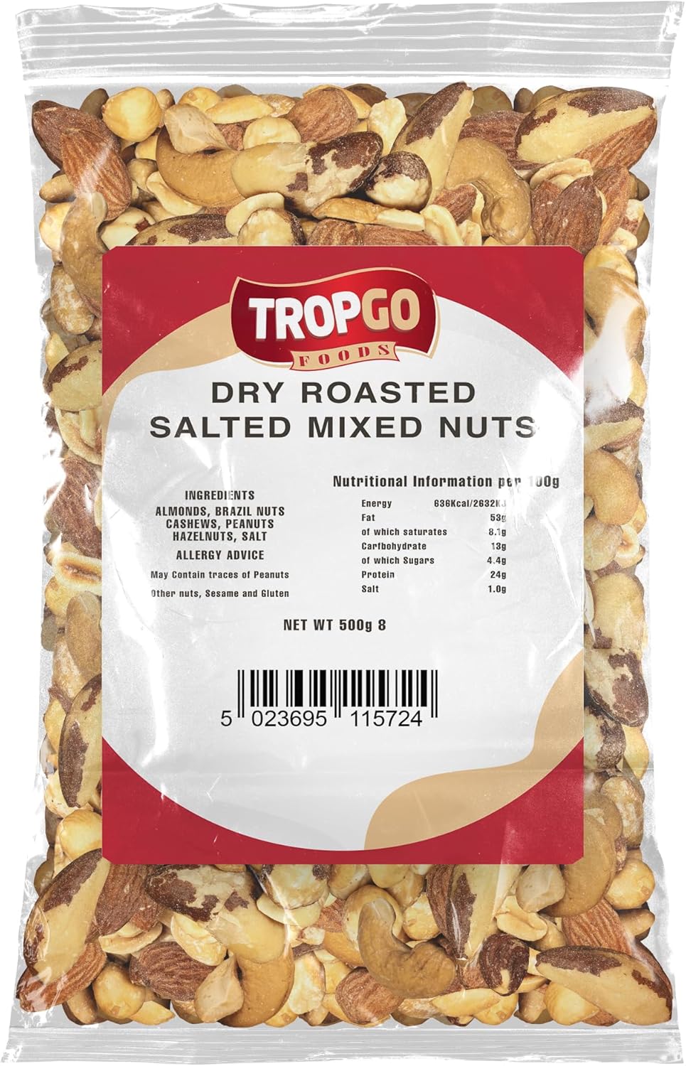 Tropgo Roasted Mixed Nuts - 500g Salted Nut Snacks - Packed Fresh, Healthy Jumbo Nuts with Fibre, Protein, Minerals - Perfect for Snacking - Includes Almonds, Brazil Nuts, Cashews, Peanuts, Hazelnuts