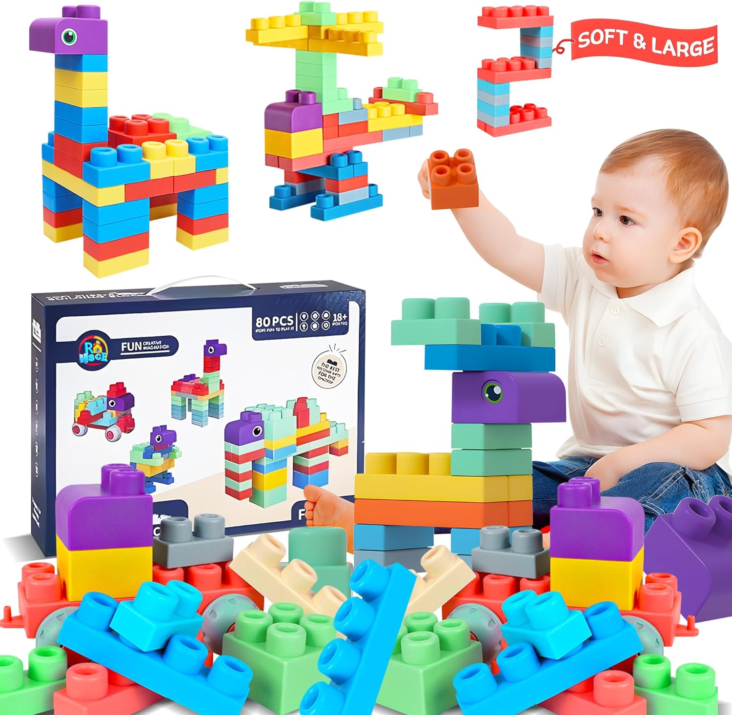 Soft Building Blocks for Toddlers 1-3, 80 PCS Vibrant Colored STEM Stacking Toys, Large Soft Rubber Blocks for Babies 6 Months+, Creative Preschool Building Set, Birthday Gifts for Boys Girls