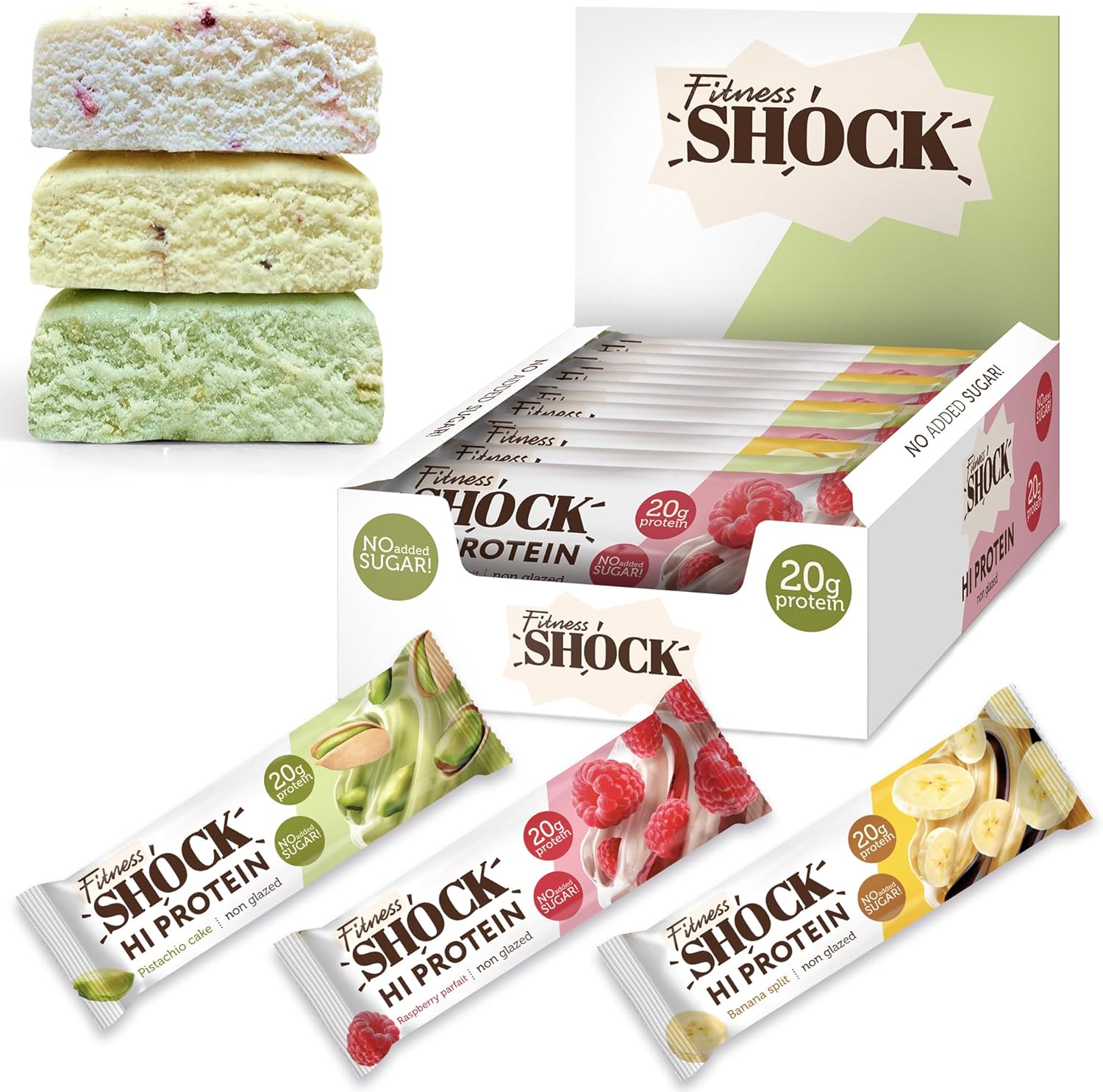 FitnesSHOCK High Protein Bars Mix Box - High 20G Protein Content Protein Bar With No Added Sugar, Low Calorie Low Carb High Fibre Flavour, 12Pcs 60G