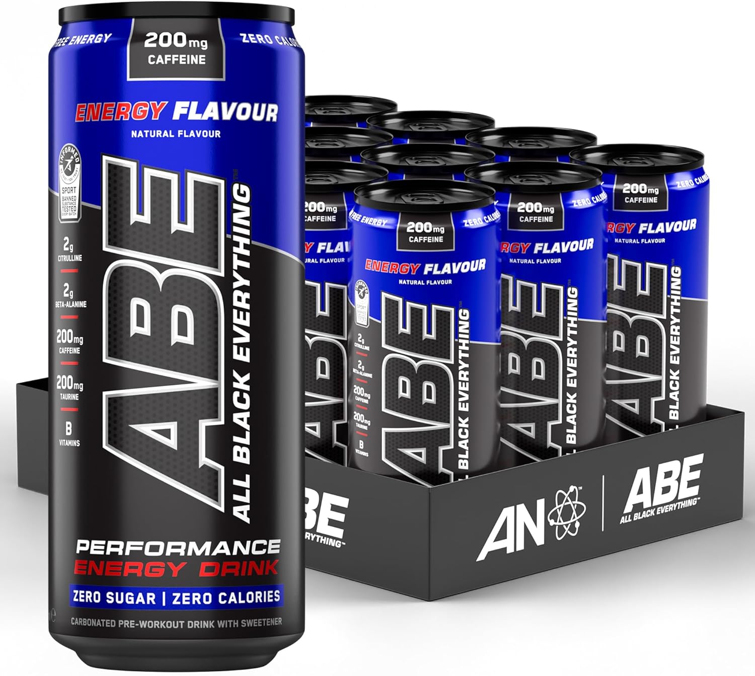 Applied Nutrition ABE Pre Workout Cans - All Black Everything Energy + Performance Drink, ABE Carbonated Beverage Sugar Free with Caffeine (Pack of 12 Cans x 330ml) (Energy Flavour)