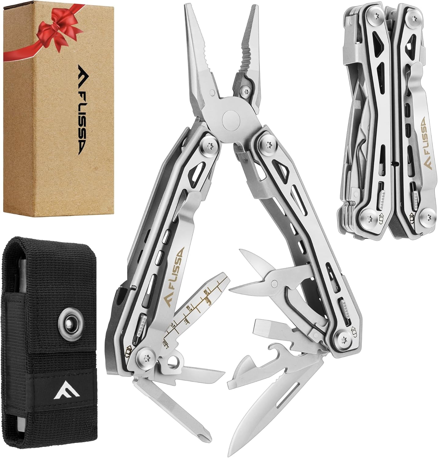 FLISSA 16-in-1 Stainless Steel Multi Tool, Gifts for Men, EDC Multitool with Pocket Knife, Pliers, Belt Clip and Oxford Sheath, Self-locking Utility Multi-Tool for Camping Survival Outdoor