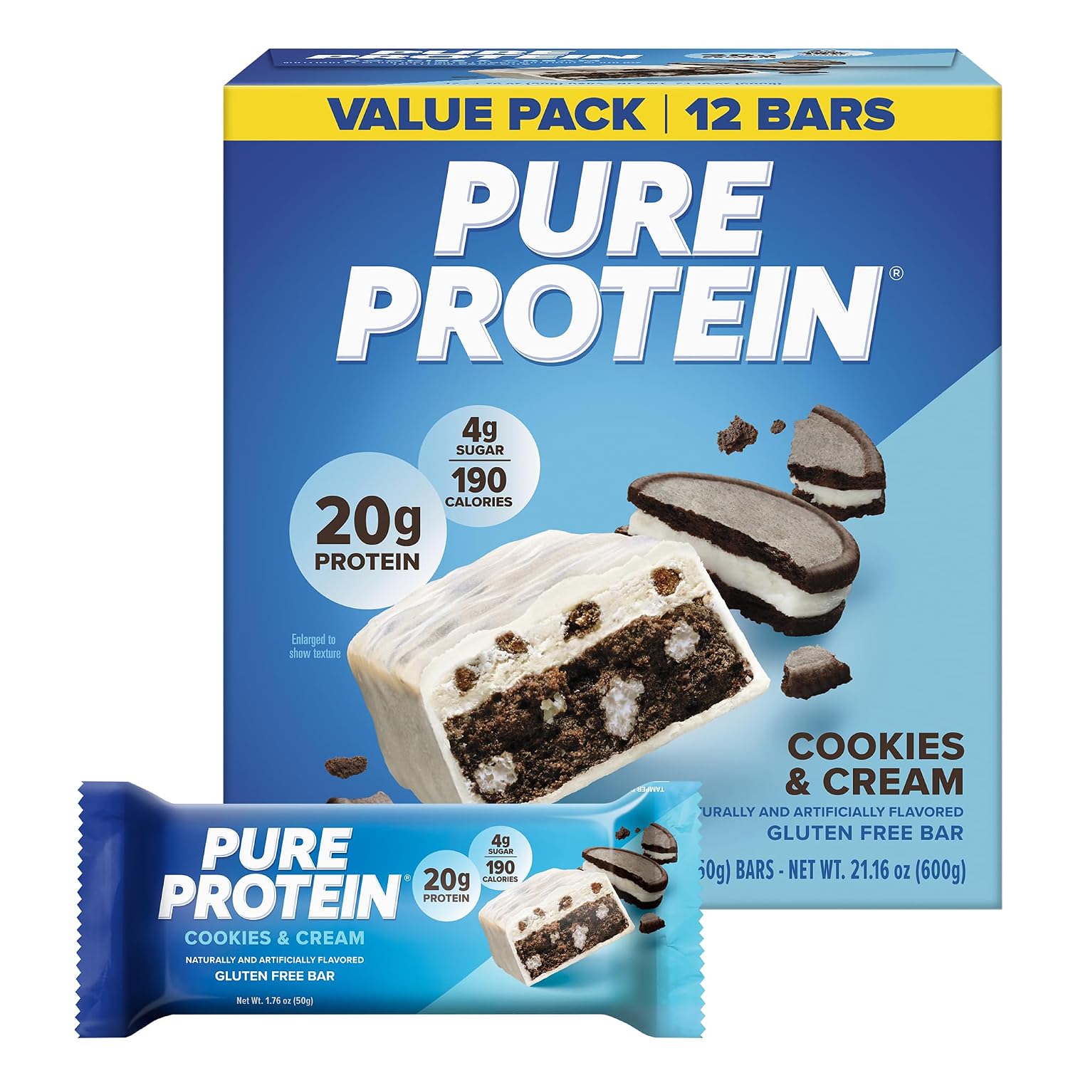 Pure Protein Cookies And Cream Protein Bars, 20g Protein, 12 Ct