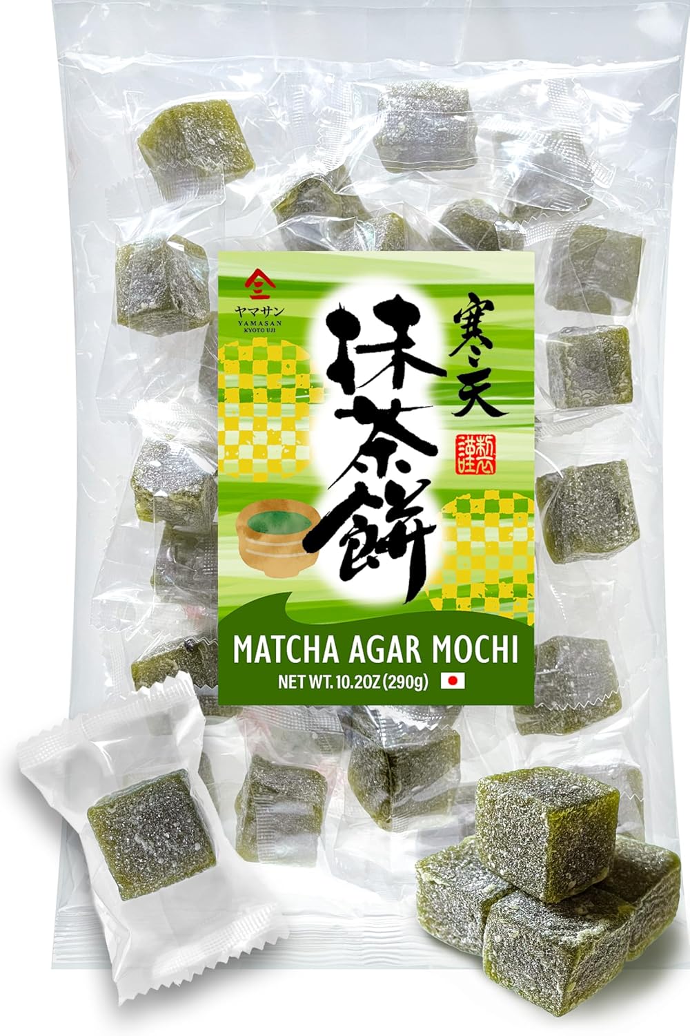 YAMASAN KYOTO UJI Japanese Matcha Agar Mochi Candy, Soft and Chewy Texture, Cute Bite-Size, Traditional Japanese Gummy Sweets, Individually Wrapped, 290g(10.2oz)