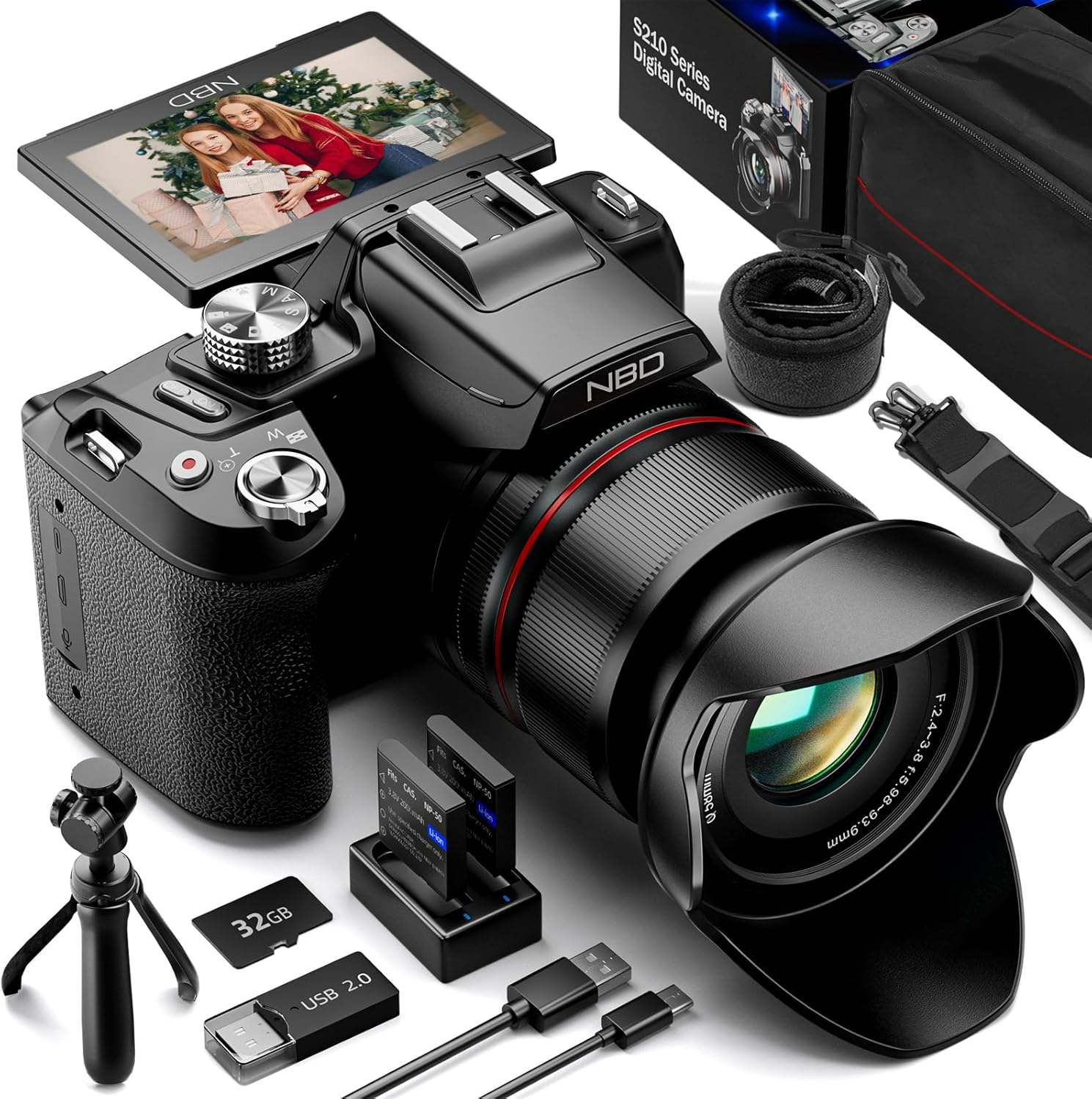5K&64MP Digital Cameras for Photography, 16X Optical Zoom Camera with WiFi, Vlogging Camera for YouTube with 180°Flipable 3-inch Screen, Auto Focus,2 Batteries,Strap & 32GB Card (Black)