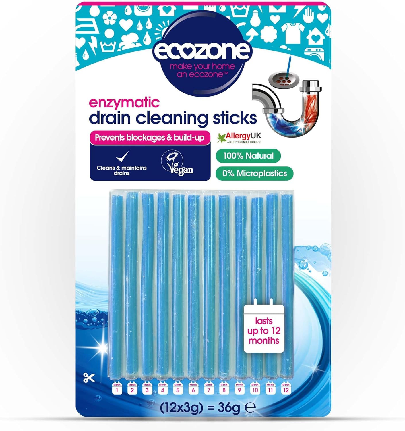 EcoZone Drain Cleaning Sticks, Enzymatic Pipe Unblocker, Prevents Plug Hole Obstructions & Keeps Water Flowing Freely, Natural Vegan & Non Toxic Kitchen & Bathroom Treatment Kit (x 12)