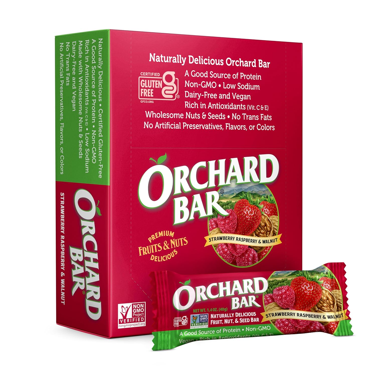 Orchard Bars Non-GMO Fruit & Nut Bars, Strawberry Raspberry Walnut, 1.4 Oz, Pack of 12