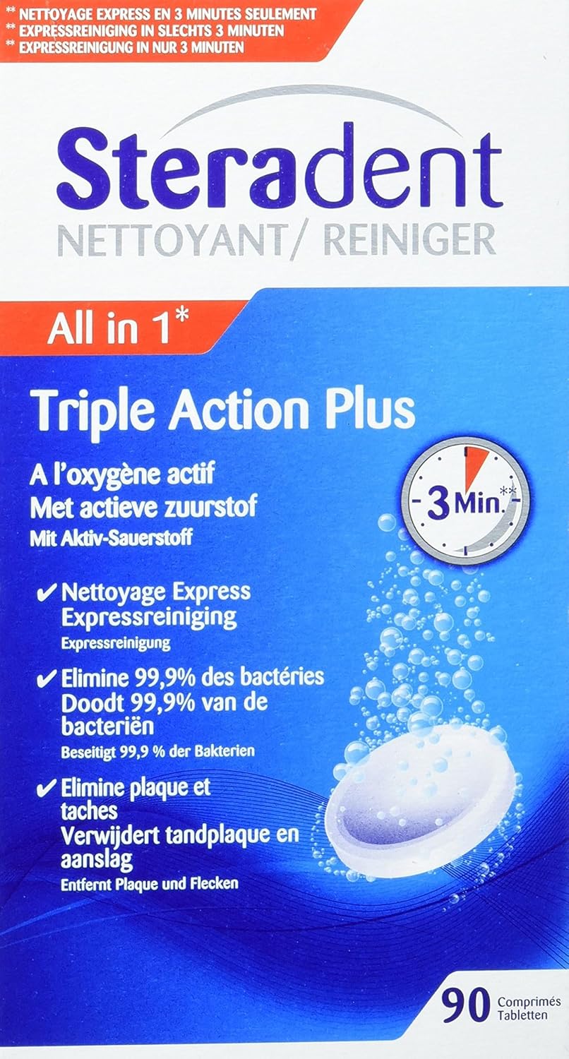 Steradent Active Fresh Tablets for Denture Cleaning, 60+30 Triple Action Formula Tablets.