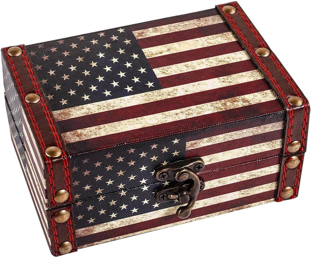 WaaHome Treasure Box 5'' Small Decorative Box Wood Jewelry Keepsakes Box with Lids for Home Decorations (American Flag)