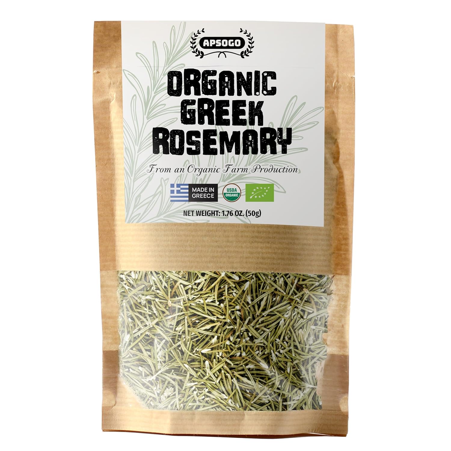 APSOGO Organic Dried Rosemary Leaves - Greek Whole Rosemary for Tea & Culinary Use - Aromatic Herbal Flavor - Resealable Pouch - 1.76oz