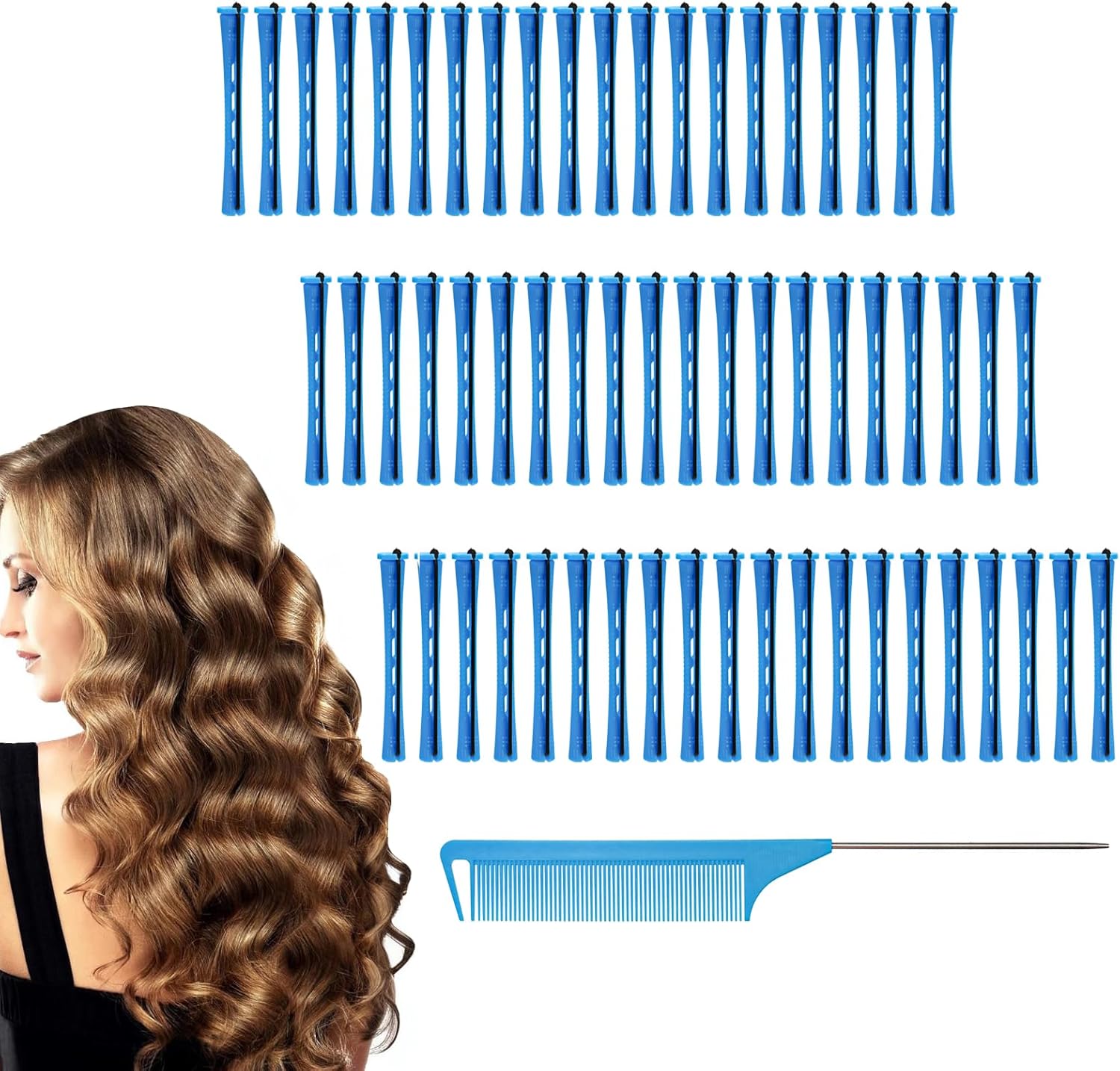 DBOO 60 pcs Small Perm Rods (0.35 Inch) with Tail Comb | Non-Slip Plastic Hair Curlers Rollers for Long & Short Hair | No Heat, Travel-Friendly Perm Kit for Home/Salon Use (Blue)