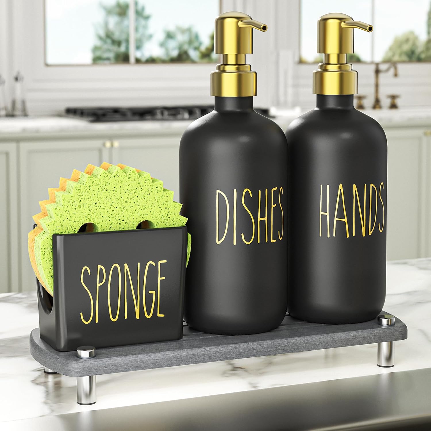 Cisily Kitchen Soap Dispenser Set Comes with Ceramics Sponge Holder, Gold Pumps, and Instant Dry Tray, Hand and Dish Soap Dispenser Set Suitable for Kitchen Decor and Accessories(Gold&Black)