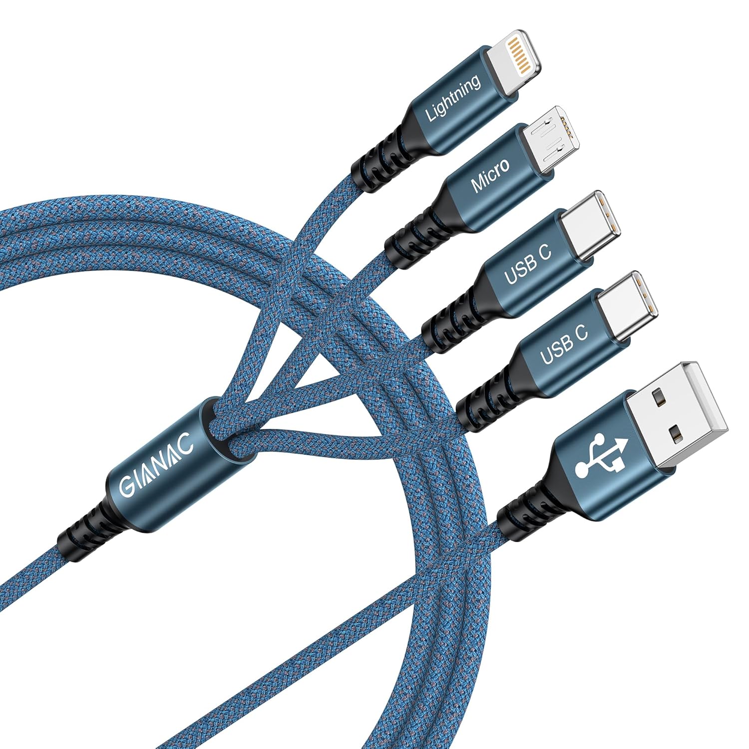 Multi Charger Cable, [USB C*2+Lightning+Micro] 4 in 1 Charger Cable [1.2M] Multiple USB Cable Nylon Braided with Lightning Cable Micro USB C Connector for iPhone 12/11/XS,Samsung S20 S10 S9 S8,Huawei