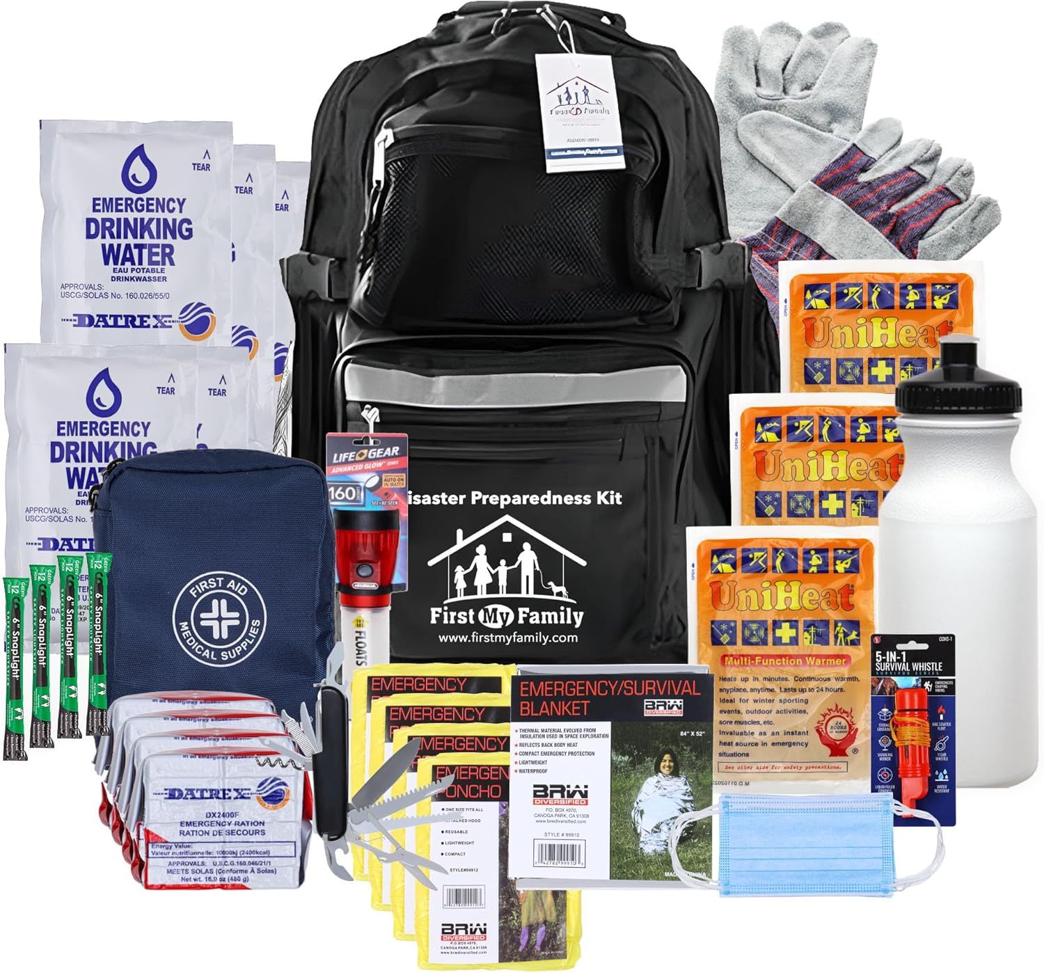 First My Family 4FKIT All-in-One 4-Person Premium Disaster Preparedness Survival Kit/Earthquake Kit with 72 Hours of Survival and First-Aid Supplies 4PKIT
