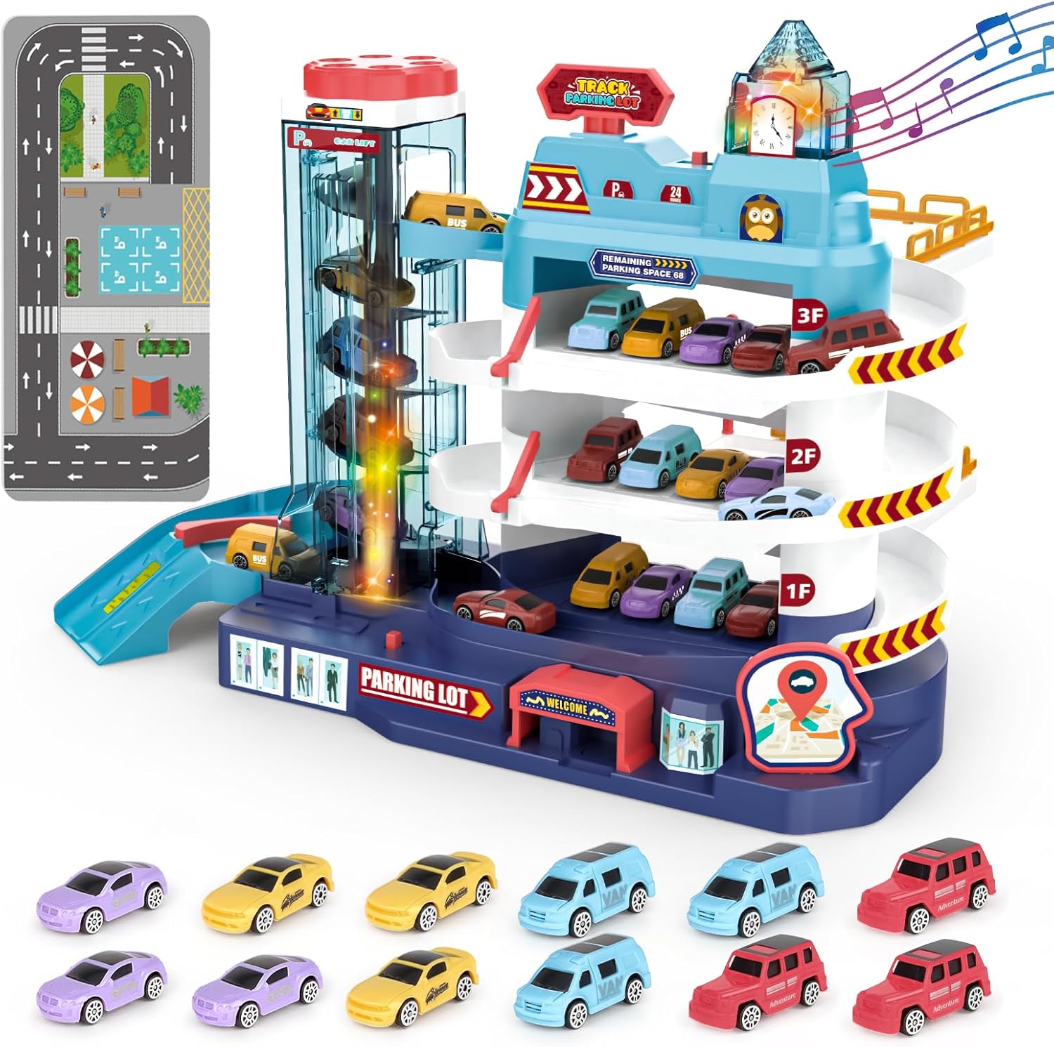 deAO Toy Car Garage Track Set with Music and Light Effects for Kids, 3-story Parking Building with Electric Elevator, Kids' Play Vehicle Garages for 3+ Years Old Boys Girls Christmas Birthday