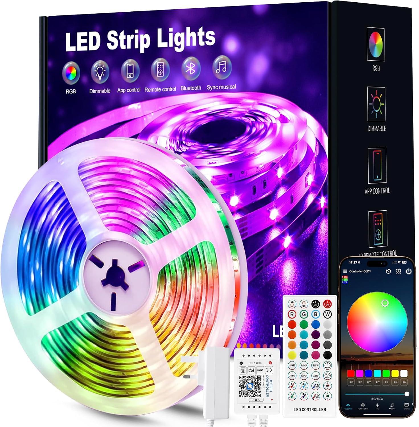 Beaeet LED Strip Light 5m, RGB Music Sync Colour Changing LED Lights for Bedroom, Smart Ambient Lights with Bluetooth App & Remote Control, Flexible Design for Gaming, Ceiling, and Home Decoration