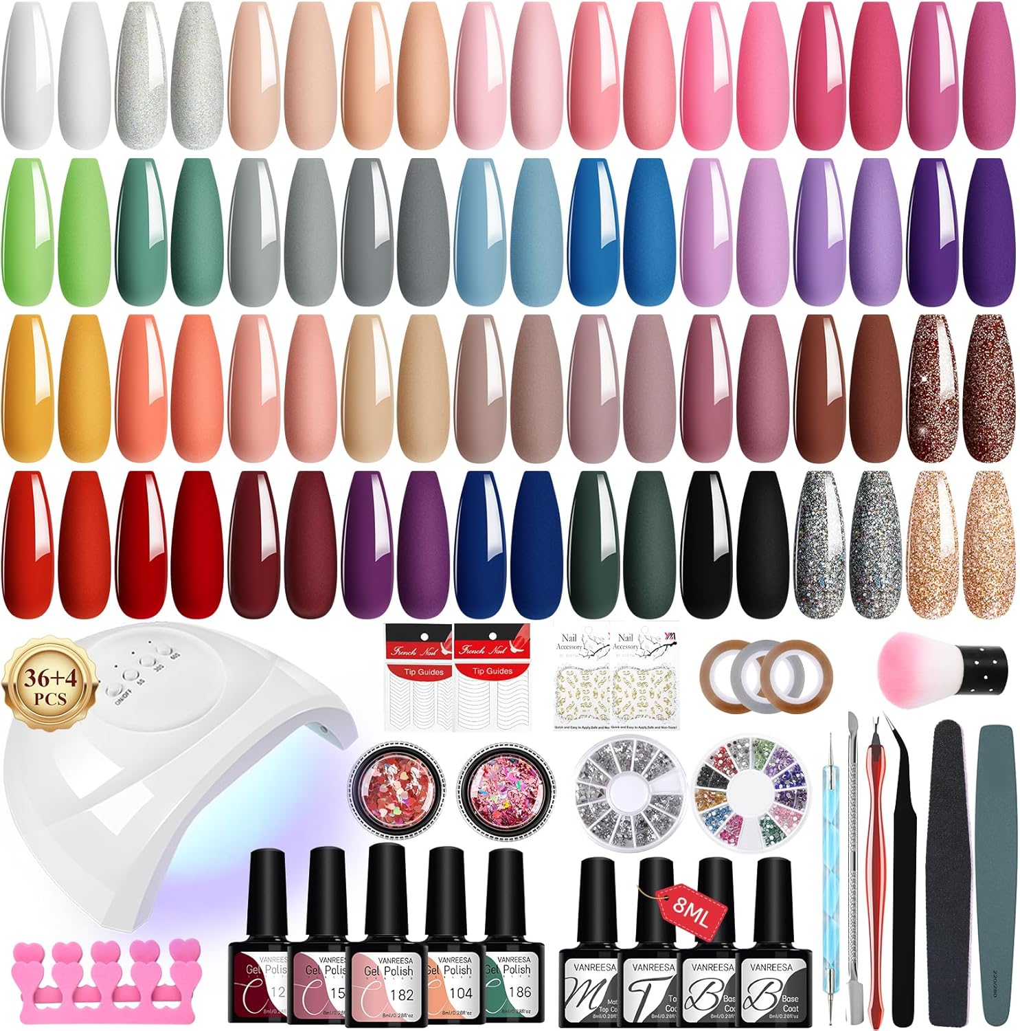 VANREESA 60 PCS Gel Nail Kit with 48W U V Lamp 36 Colours All Seasons Gel Nail Polish Set with Lamp Starter Kit Pink Red Brown Gels Polish Set with Base and Top Coat Manicure Salon Gifts for Women