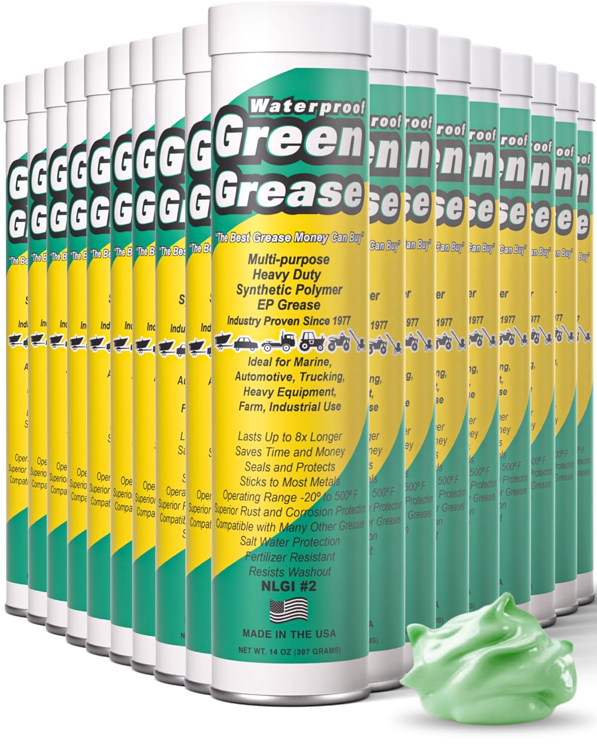 Ultra Heavy Duty Green Grease Tube (14oz - 50 Pack) - NLGI 2, High Temp, Waterproof Marine Grade, Rust Resistant Wheel Bearing Lubricant for Grease Gun - Marine, Auto, Farm & Home Use - American Made
