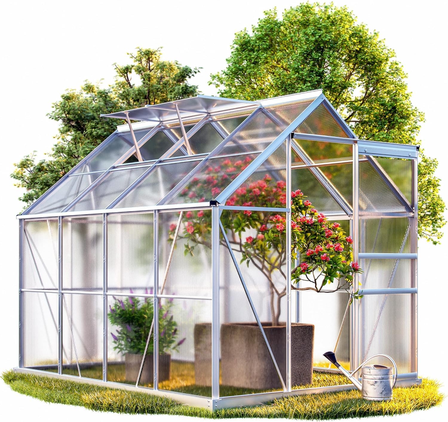 GARDEBRUK® 6 x 8ft 'Sunlight' Polycarbonate Greenhouse With Foundation | Large Walk Green House with Slide Door and 2 Windows | Garden Plants Grow Nursery with Aluminium Frame Galvanised Base
