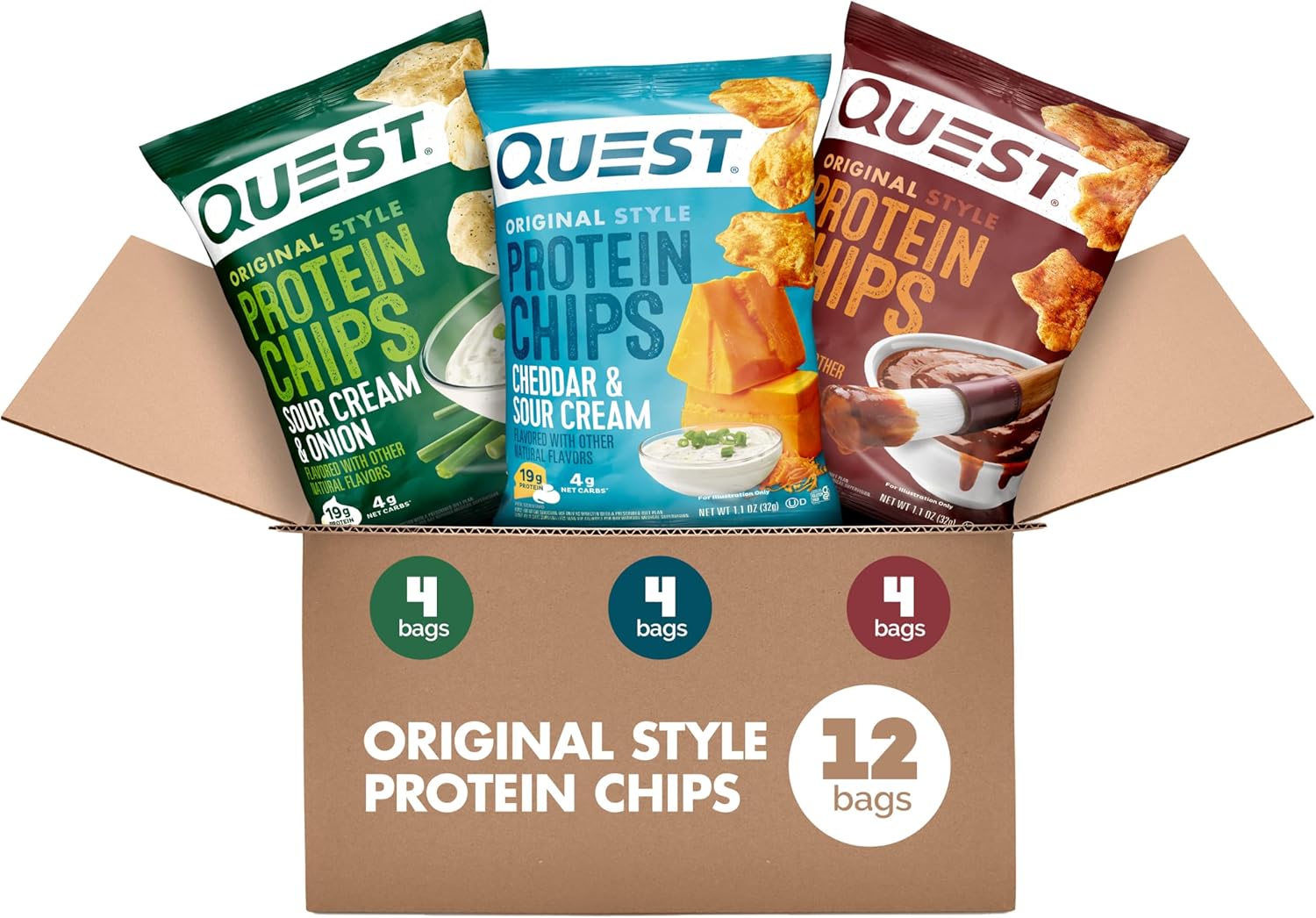Quest Nutrition Protein Chips Variety Pack, BBQ, Cheddar & Sour Cream, Sour Cream & Onion, High Protein, Low Carb, 1.1 oz (Pack of 12)