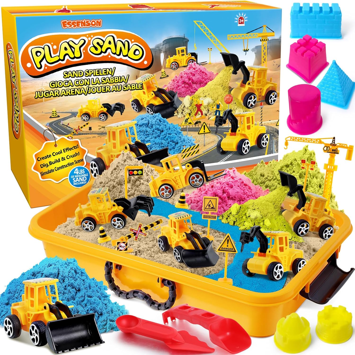 ESSENSON Sensory Bin - Play Sand Kit with Construction Set Toy Truck and 4lbs Magical Sand, Pretend Play Beach Sensory Toy Sandbox, Kids Gifts for Girls and Boys