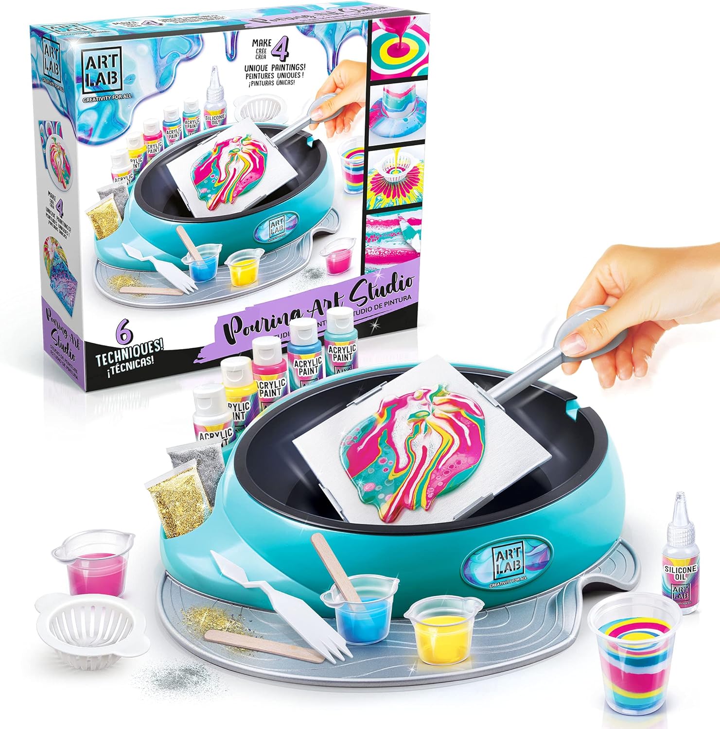 Pouring Art Studio, All-in-One Studio, 5 Acrylic Paints, 4 Blank Canvases, 15 Tools + Accessories, 6 Paint Techniques for Kids Age 6+