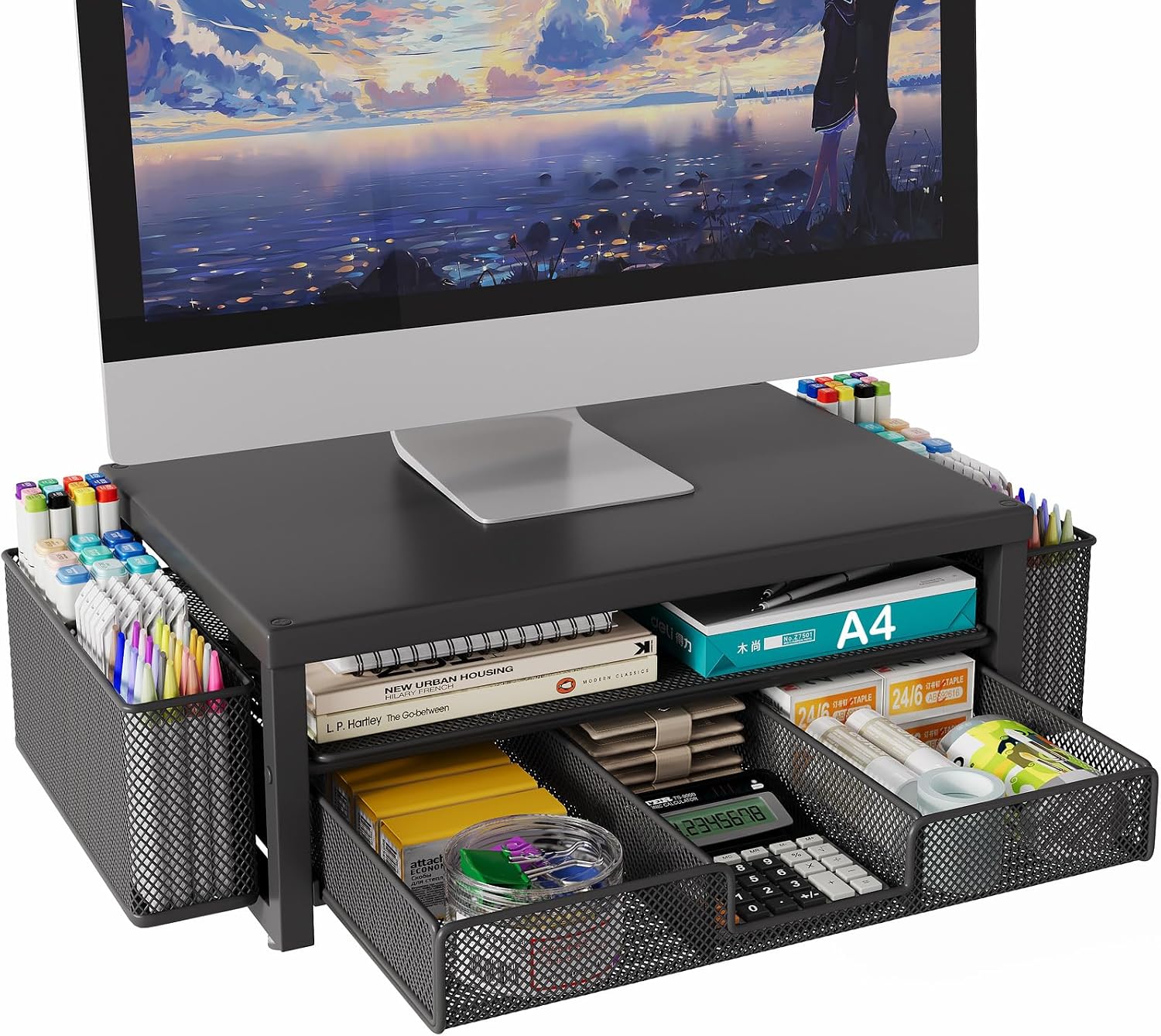 Metal Monitor Stand Riser with Drawer & 2 Pen Holders for Desk, Office Desk Accessories Organiser & Computer Screen Stand for Printer (Black)