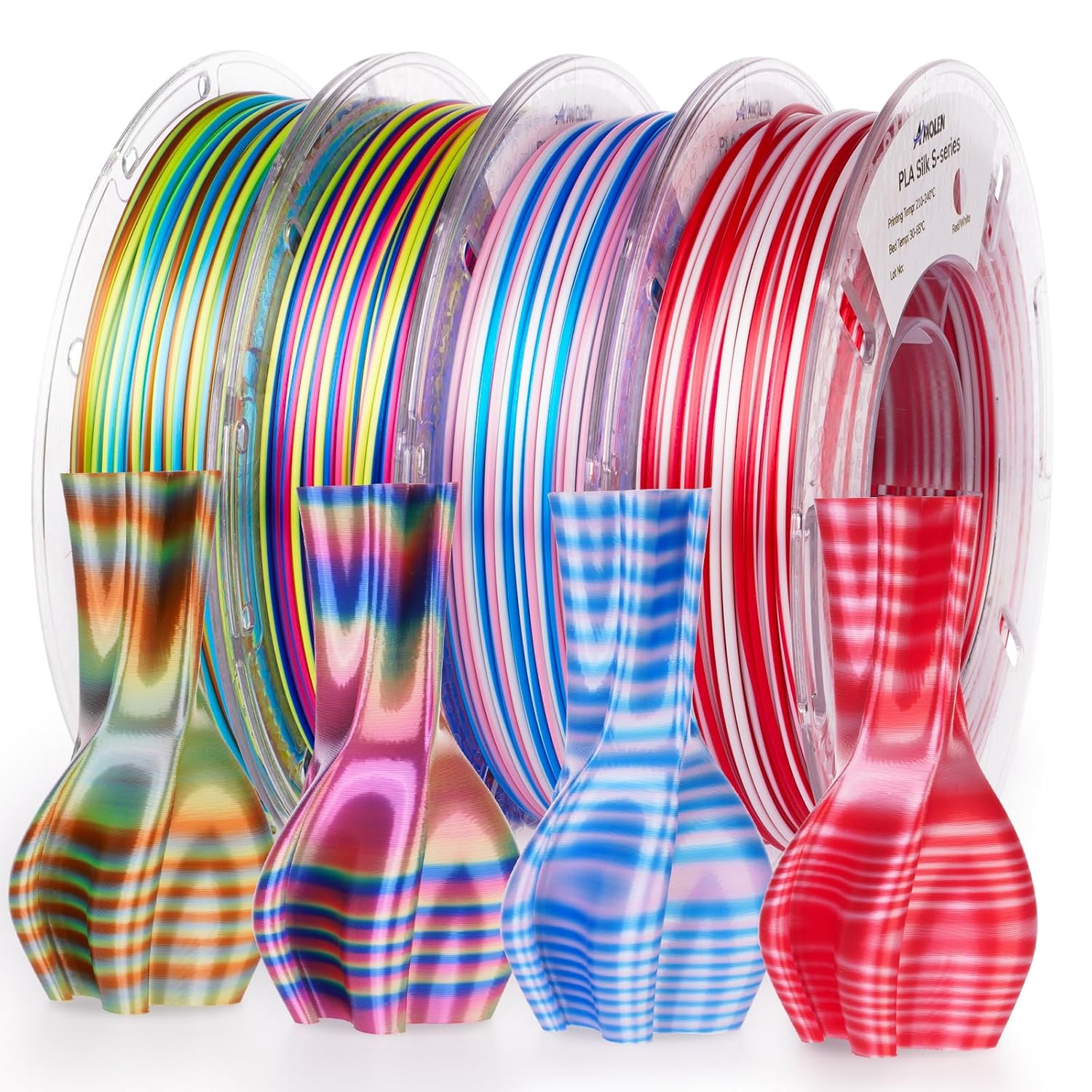 AMOLEN Silk 3D Printer Filament PLA Bundle, Shiny Multicolor Rainbow Filament Pack, Fast Color Change PLA 1.75mm 3D Printing Filament for Most FDM 3D Printer, 200g X 4 Spools