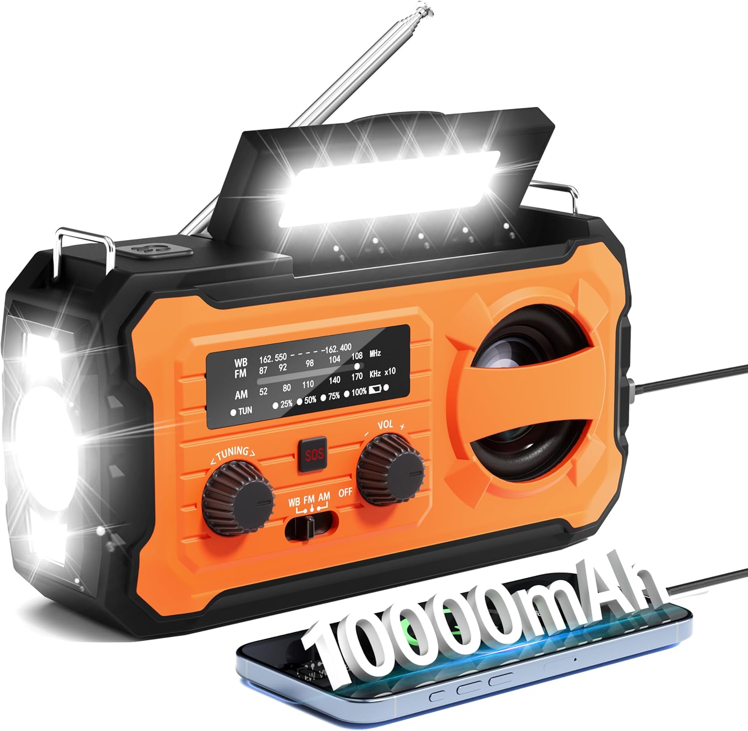 Hand Crank Emergency Radio, 10000mAh Weather Radio with AM/FM/NOAA, Solar Prower, SOS Alarm, Phone Charging, LED Flashlight, Portable Survival Gear for Outdoor & Home Emergencies Kits, Orange