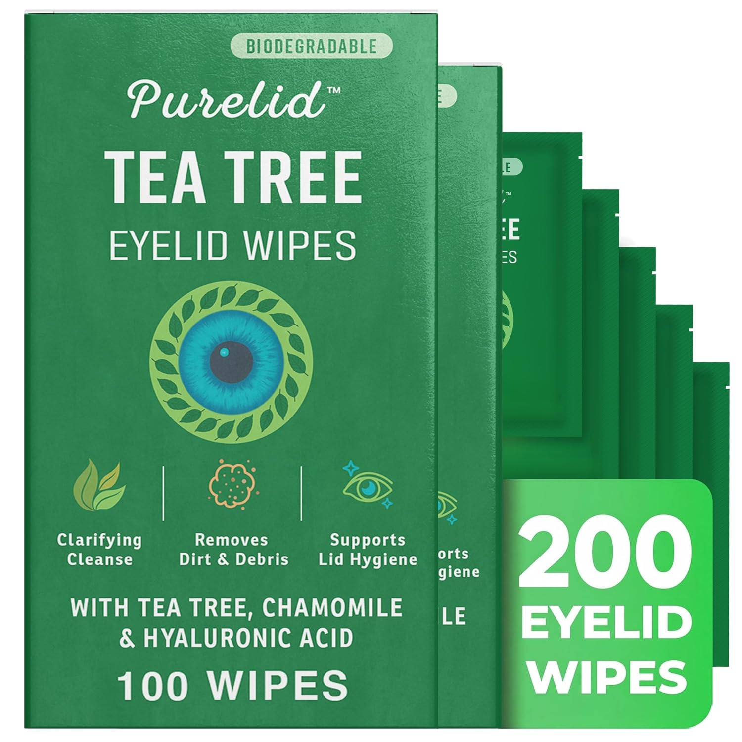 200 PCs Tea Tree Eyelid Wipes – Cleaning Eye Wipes for People with Dry Eyes – Gentle Eyelid Cleanser with Hyaluronic Acid, Chamomile and Aloe – Individually Wrapped & Biodegradable - 2 pack