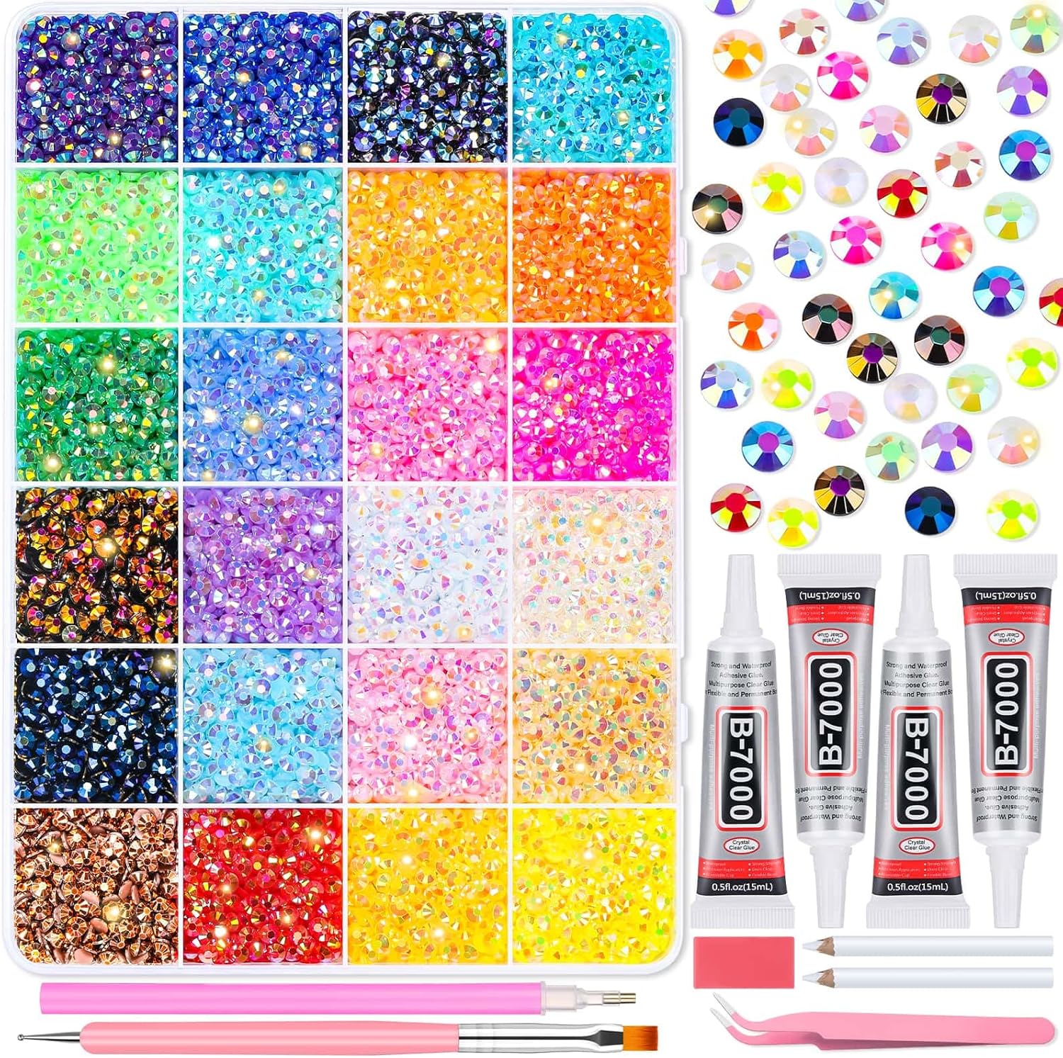 Audab Multicolor 4mm AB Rhinestone Kit with 16000pcs, 4pcs B7000 Jewelry Glue, Tools for Crafting, Graduation Cap, Jewelry, Shoes & Nails