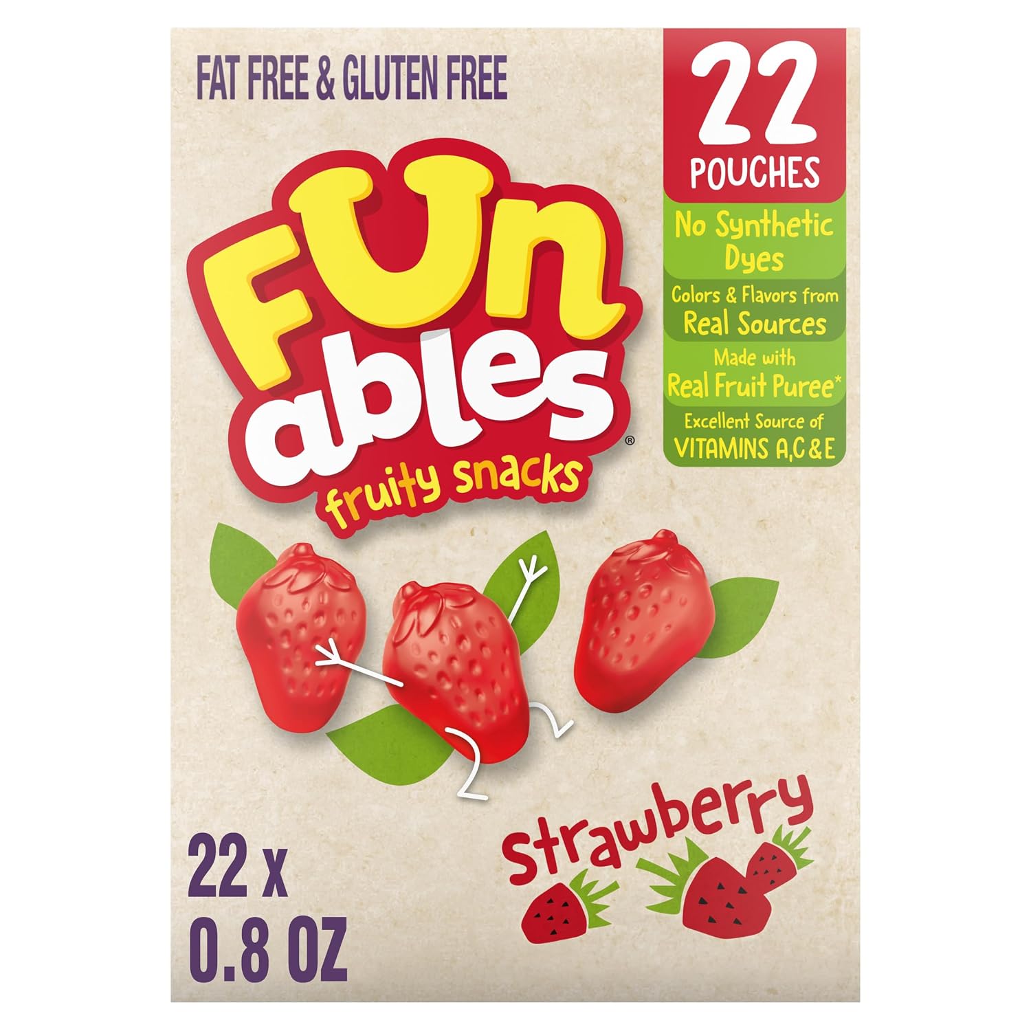Funables Strawberry Fruit Snacks, Gluten Free, 0.8 oz, 22 Ct
