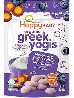 Happy Baby Organics Baby Snacks, Greek Yogis, Freeze Dried Yogurt &Veggie Fruit Snacks, Gluten Free Snack for Babies 9+ Months, Blueberry & Purple Carrot, 1 Ounce