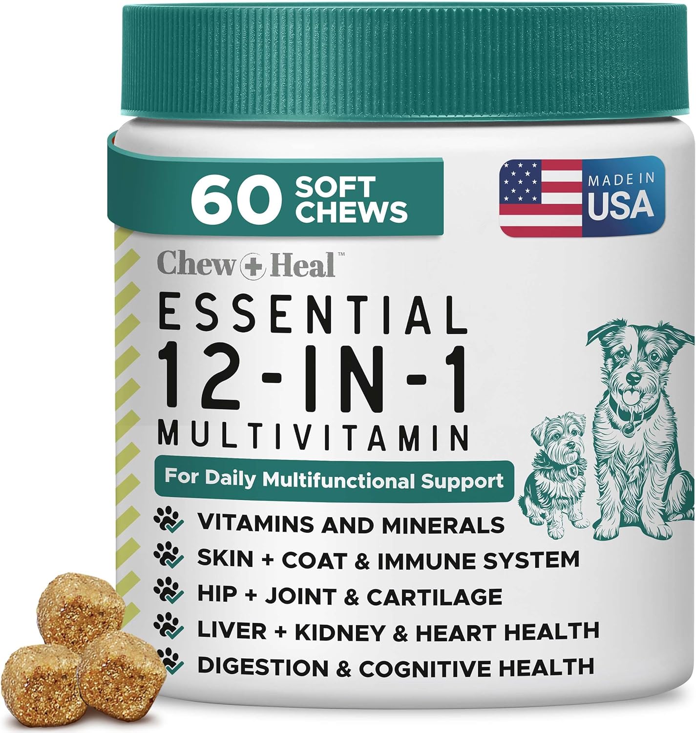 12-in-1 Multivitamin for Dogs - 60 Puppy and Senior Dog Vitamin and Supplement Soft Chews for Hip and Joint - Advanced Formula with Glucosamine, Omega 3,6,9, Vitamins, Probiotics, and More
