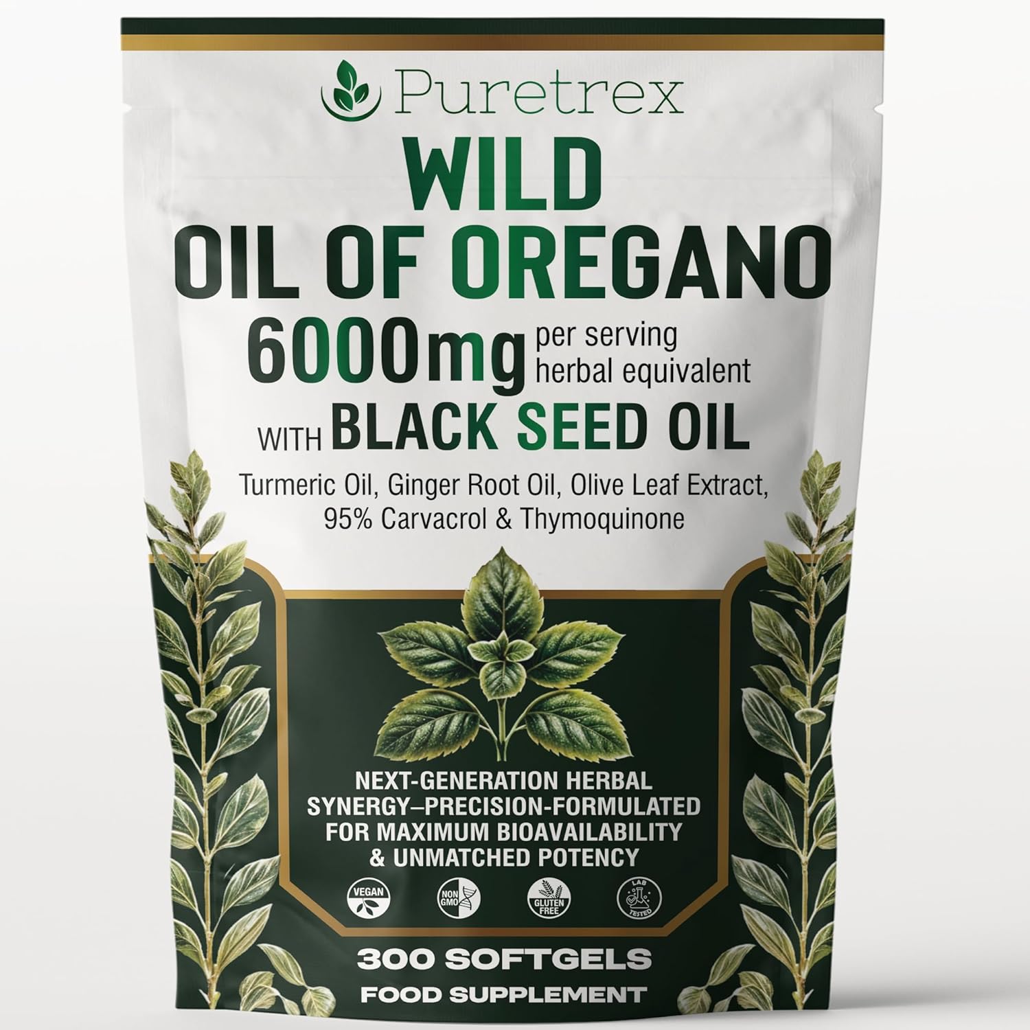 Wild Oregano Oil 6000mg with Black Seed, Turmeric & Ginger – 300 Softgels | 95% Carvacrol for Immune & Gut Support | High-Potency Herbal Blend