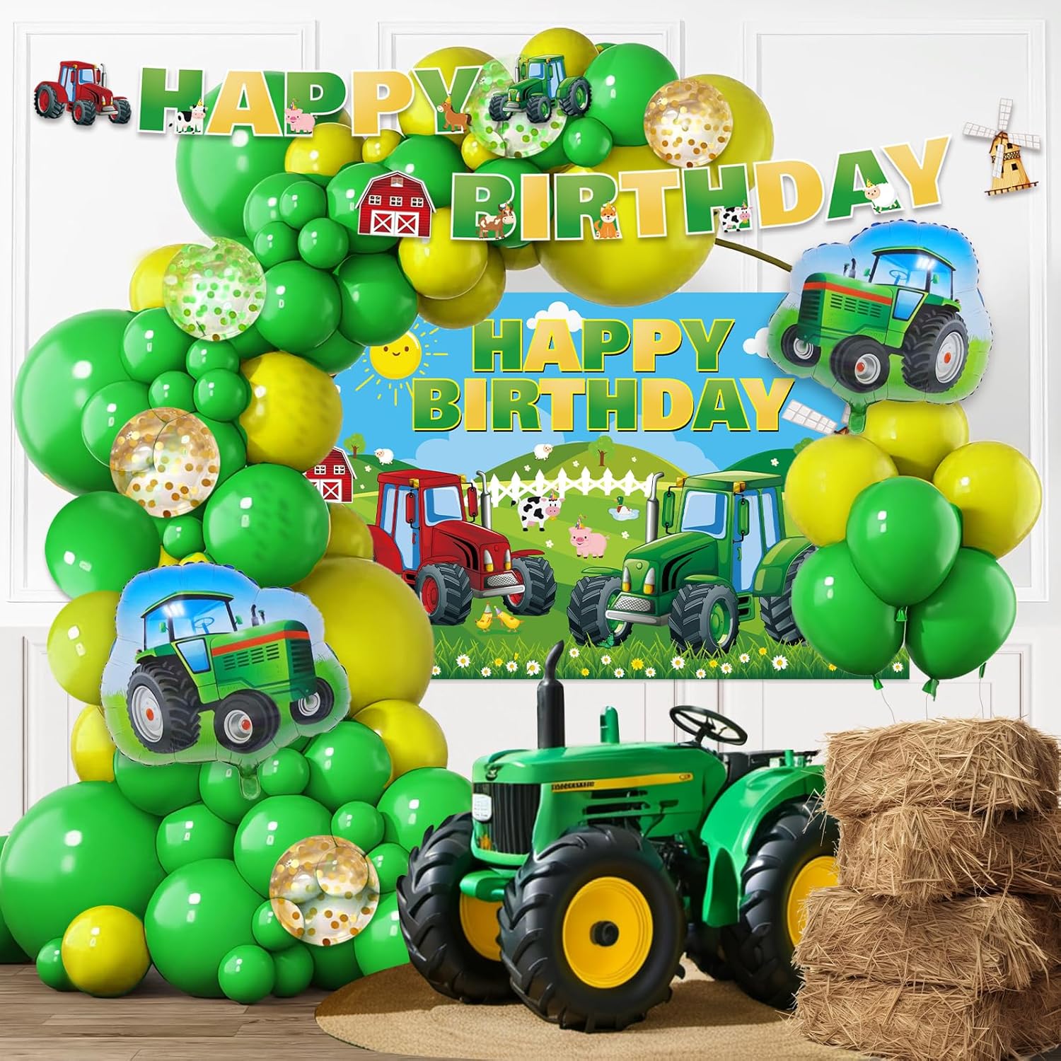 152pcs Tractor Birthday Party Decorations Farm Tractor Theme Birthday Backdrop Tractor Balloon Garland Arch Banner Boys Tractor Birthday Party Supplies