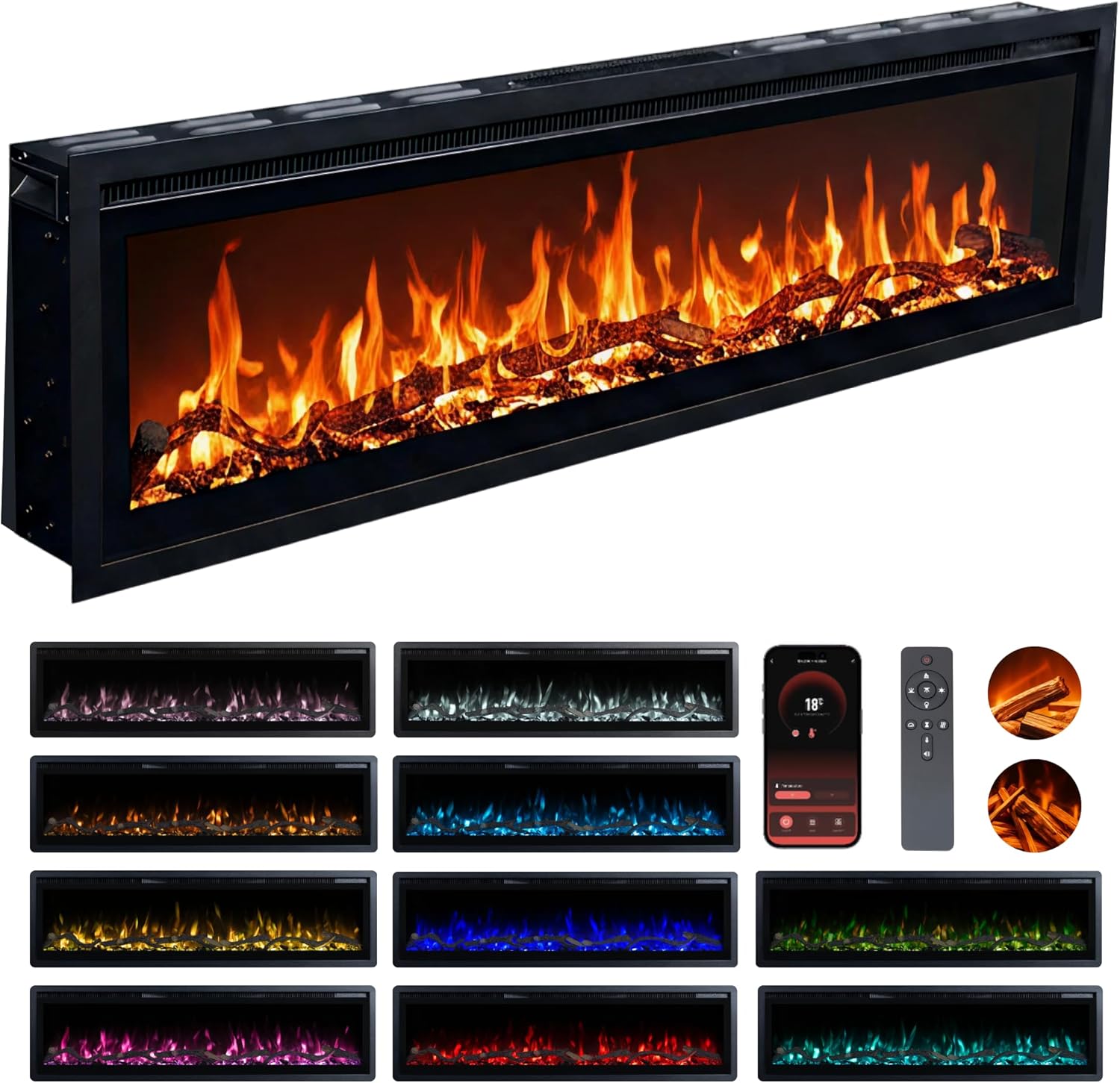 Recessed Electric Freestanding Fireplace UltraSlim Heater 50"/127cm, Wall-Mounted Fireplace for Media Wall, Electric Fire with 15 LED Flame Colours, Remote Control & Real Logs, 900W/1800W